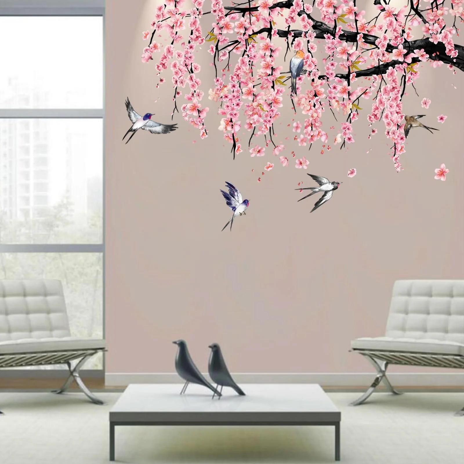 Наклейка на стіну Watercolour Cherry Blossom Birds Pink Tree Branch велика Рожевий, фото №6