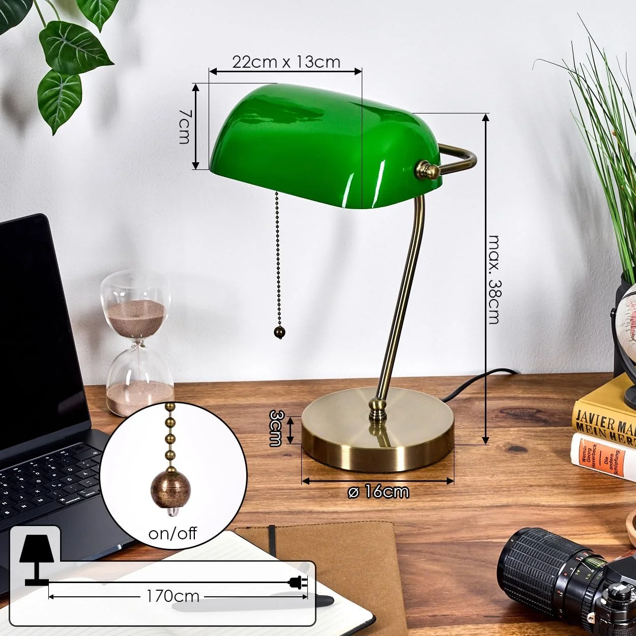 Настільна лампа HOFSTEIN Tremoceira Banker Lamp Ретро/Вінтаж Метал Скло Антична латунь Зелений 1 x E27 38 см, фото №5