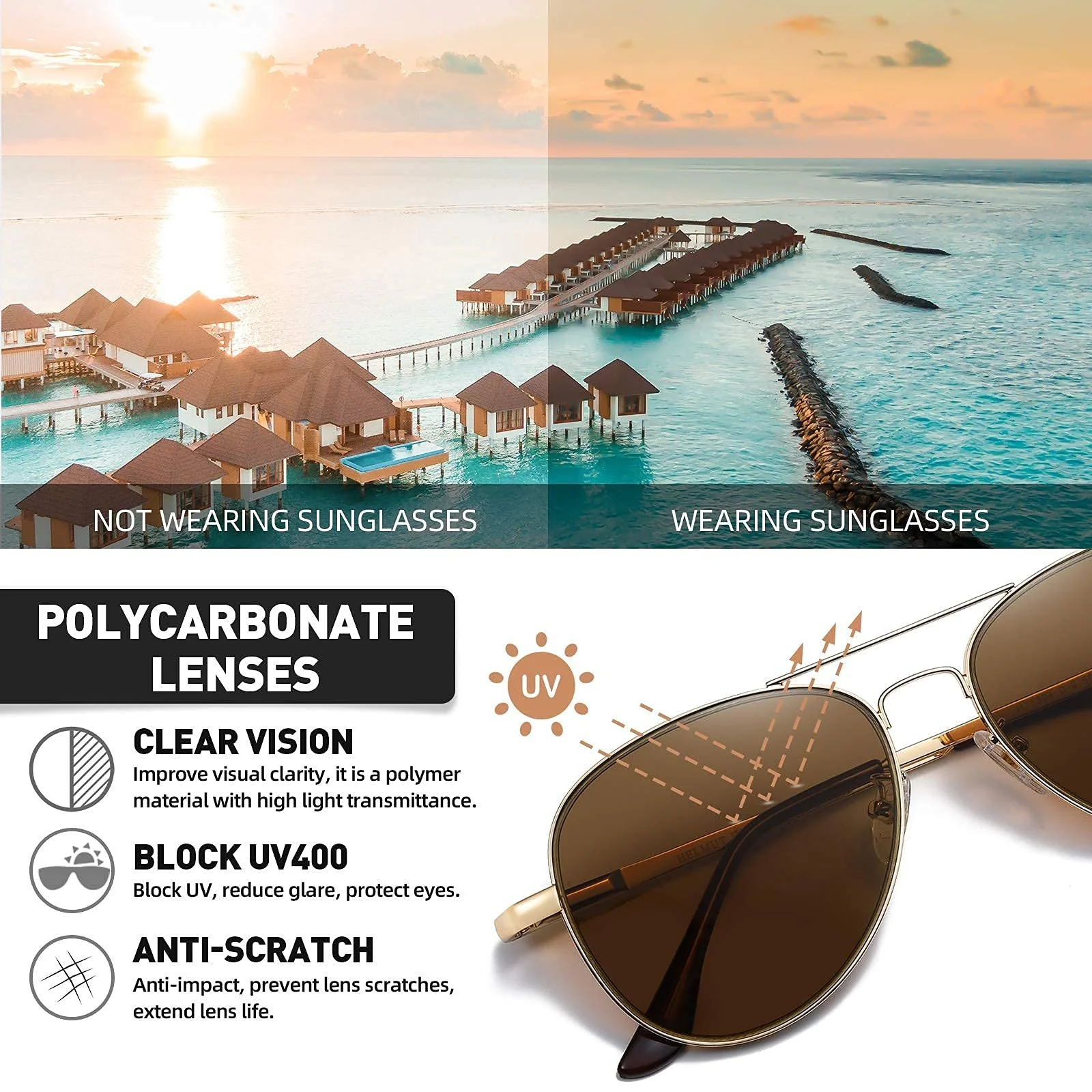 Сонцезахисні окуляри Авіатори H HELMUT JUST Чоловічі Жіночі Унісекс Поляризовані з UV400 захистом Ретро Великі Класичні Надлегкі, Коричневий, фото №3