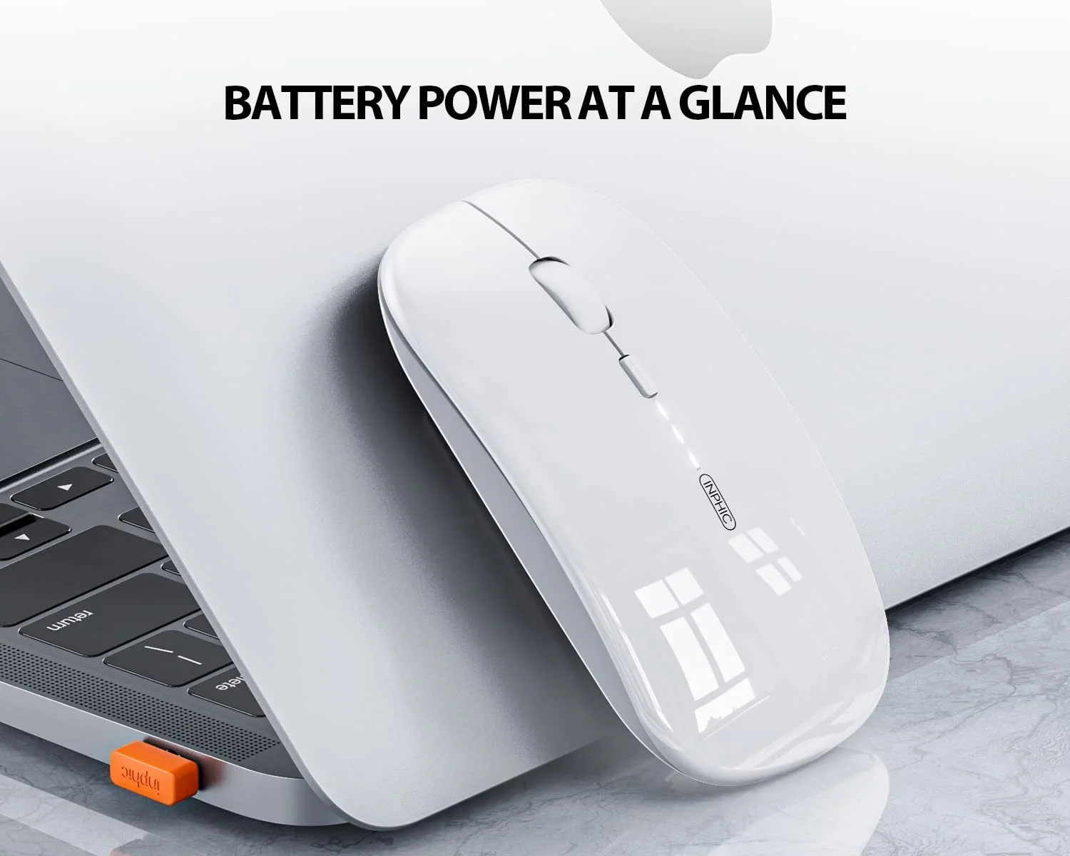 Мышь Inphic Беспроводная Перезаряжаемая Ультратонкая 2.4G Тихая Беспроводная Оптическая Компьютерная Мышь 1600 DPI с USB Приемником для Ноутбука ПК Mac MacBook Windows Office Видимый Уровень Заряда Батареи Белая, фото №3