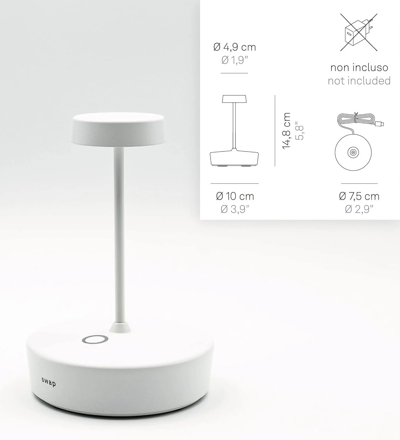Настільна лампа Zafferano Swap Mini Бездротова LED Акумуляторна Регульована Touch IP65 2700K Алюміній В14,8 Біла, фото №2