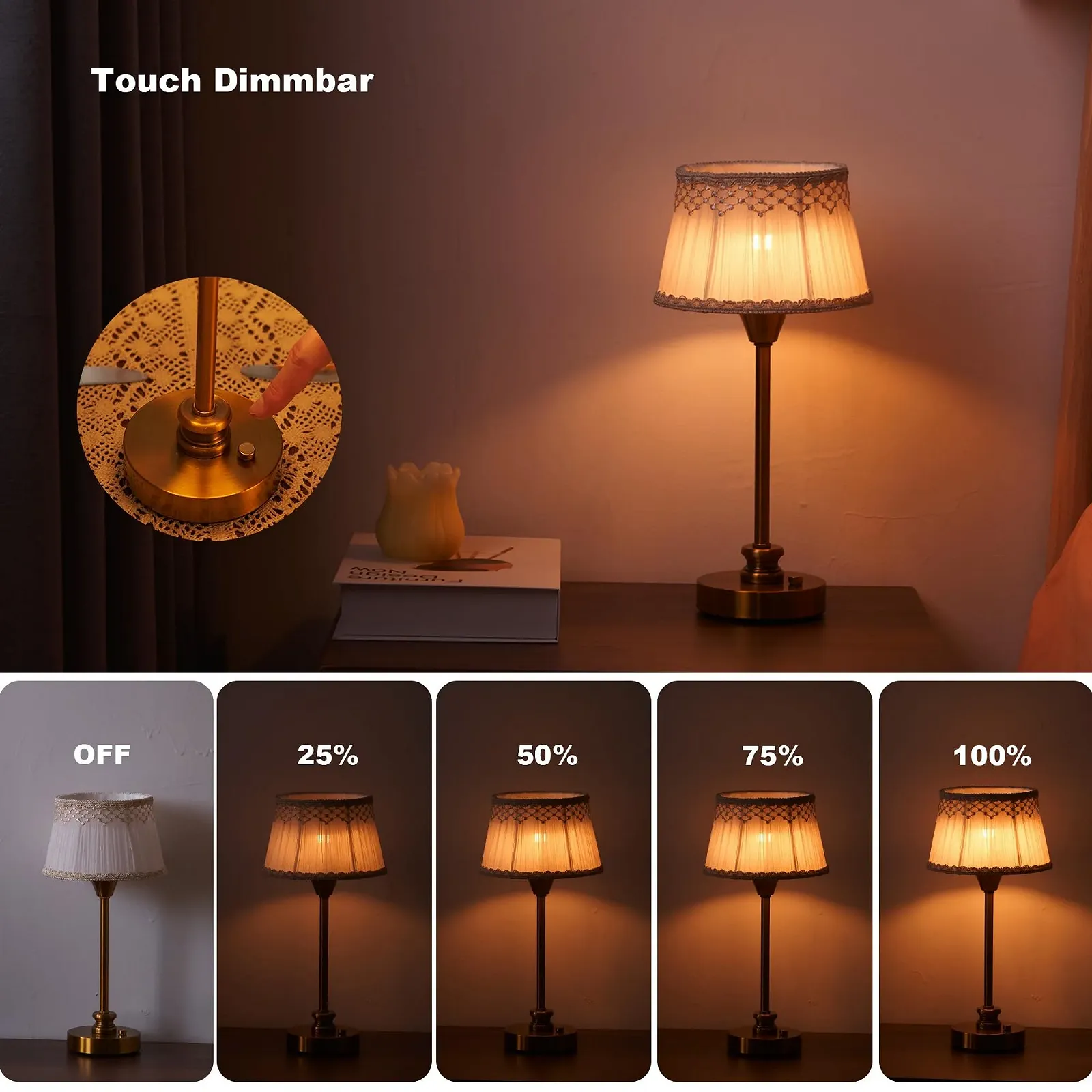 Настільна лампа OCEST бездротова акумуляторна димована тепле світло латунь, фото №6