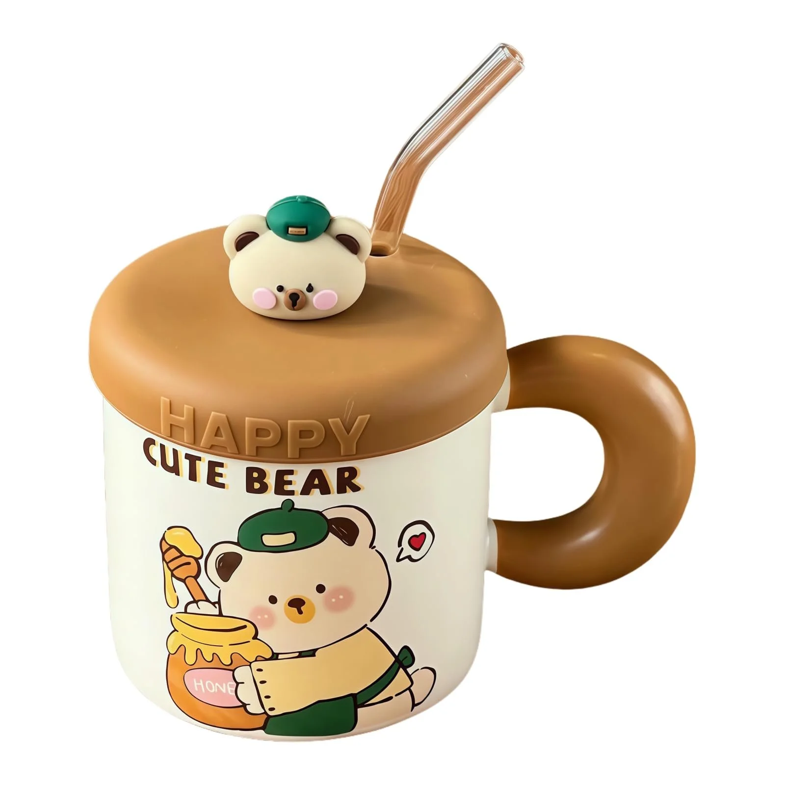 Чашка для капучино Керамічна з мультяшним ведмедем і силіконовою кришкою, скляна соломинка 380 мл, фото №1