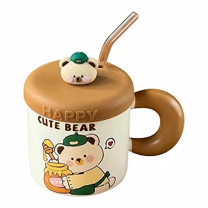 Чашка для капучино Керамічна з мультяшним ведмедем і силіконовою кришкою, скляна соломинка 380 мл - Фото 1