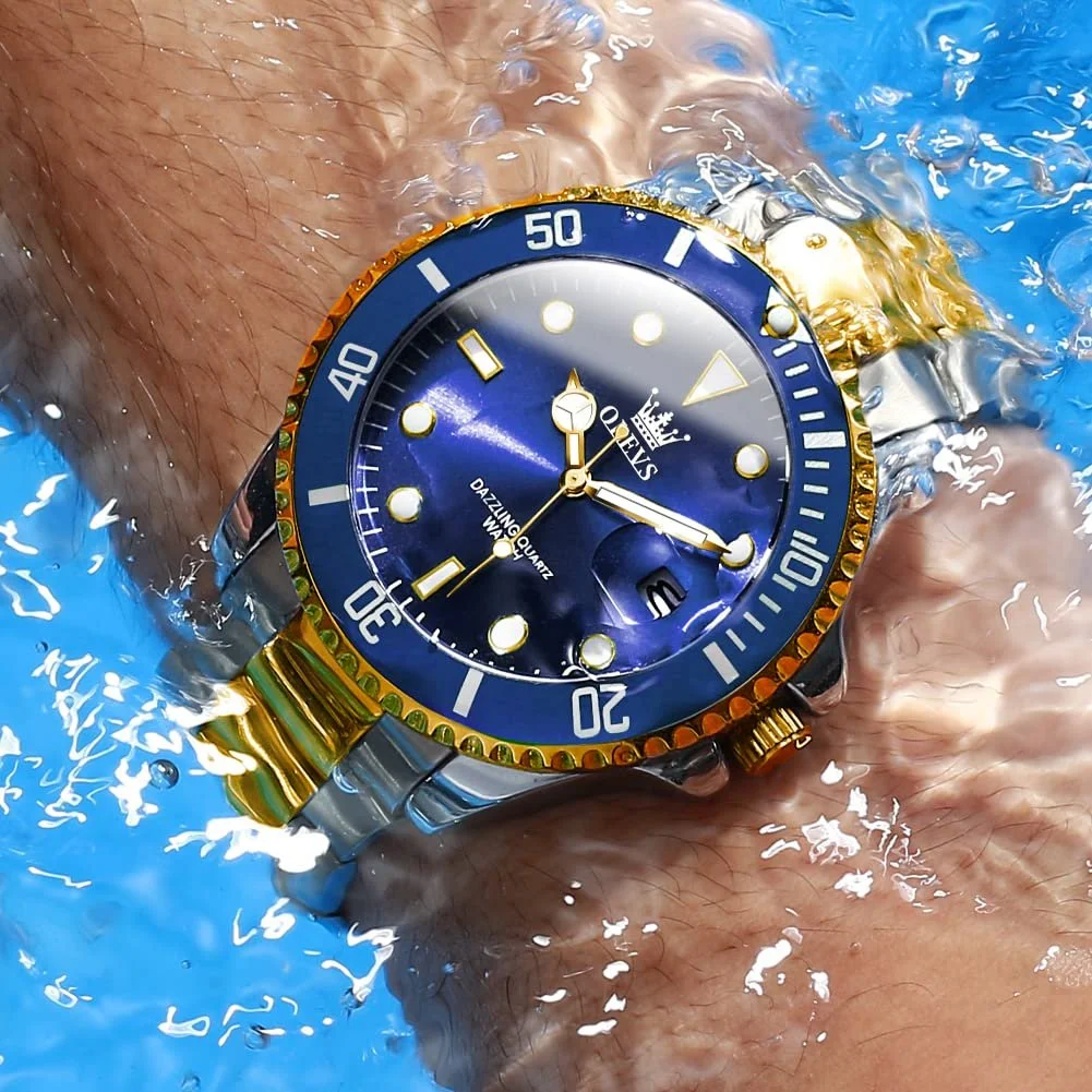 Часы OLEVS Классические Дата Business-Kleid Роскошные Большой циферблат Зеленый/Черный/Синий Водонепроницаемые Люминесцентные Аналоговые Двухцветные нержавеющая сталь Мужские наручные часы, фото №3