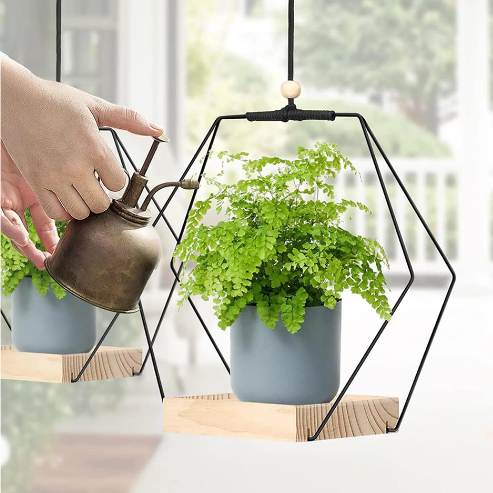 Кашпо подвесное металлическое кольцо с деревянным основанием шестигранное 2 шт черное, фото №5