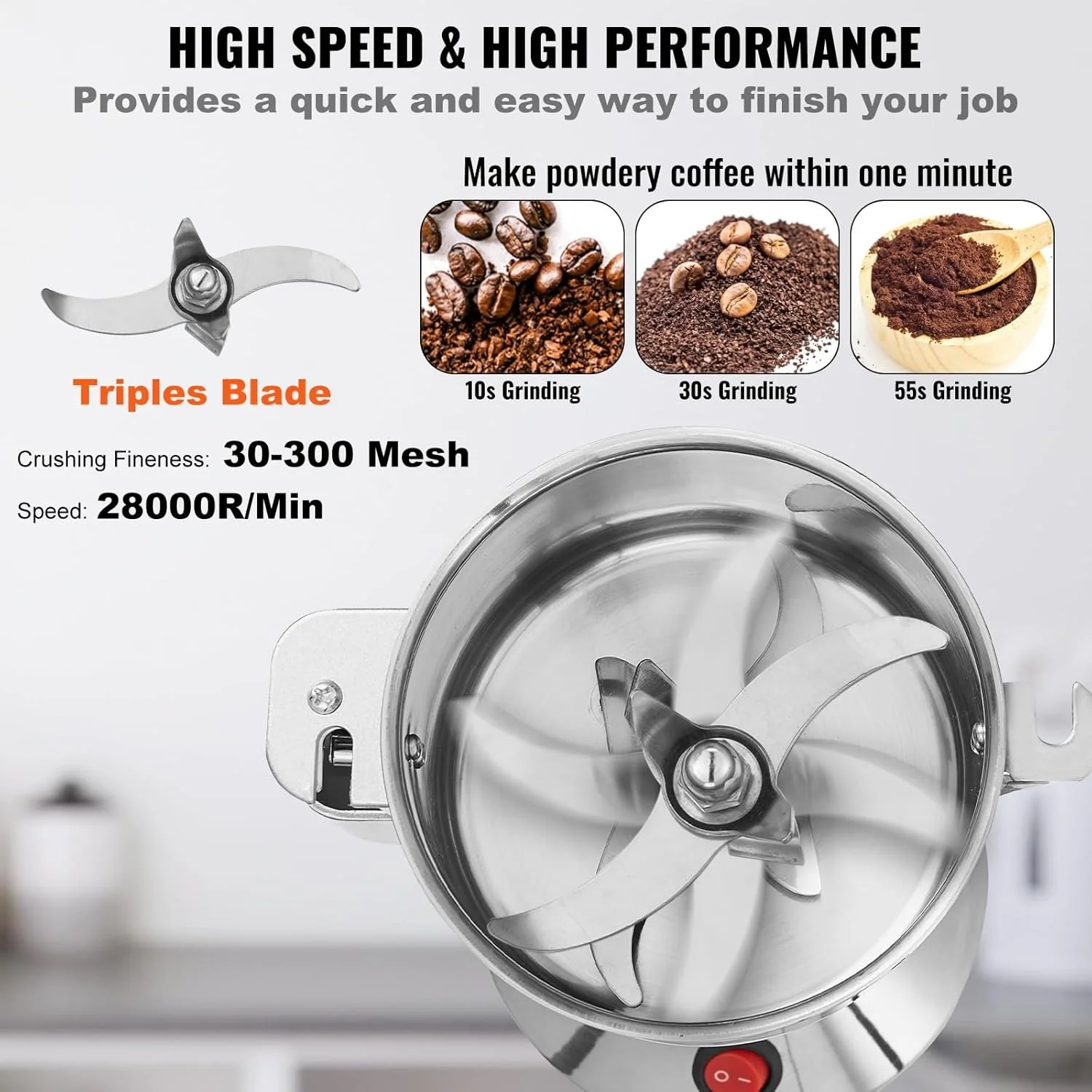 Універсальний електричний млин VEVOR HC-150 / 850W / 150 г / Нержавіюча сталь / Для сухих інгредієнтів / Срібний, фото №8 Універсальний електричний млин VEVOR HC-150 / 850W / 150 г / Нержавіюча сталь / Для сухих інгредієнтів / Срібний, фото №8