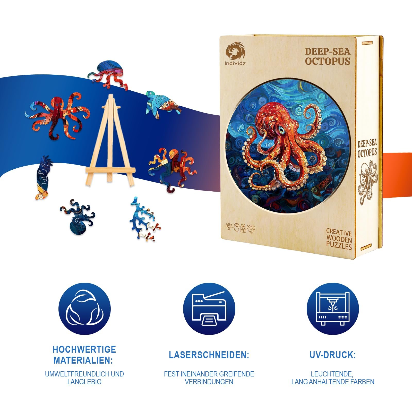 Дерев'яний пазл Глибоководний восьминіг Унікальна форма тварин 300 елементів 34 x 34 см, фото №2
