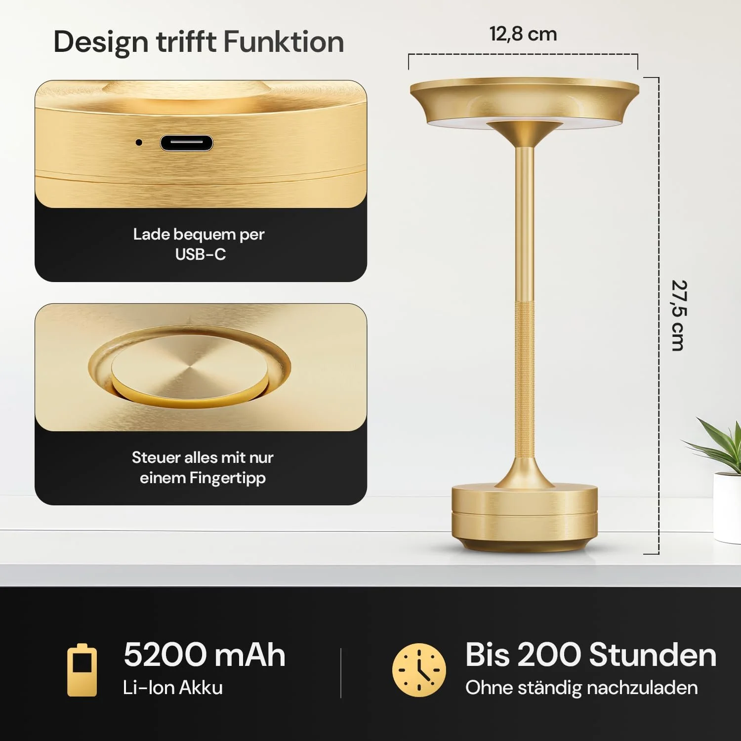 Настольная лампа LED Wireless Battery Dimmable USB-C 3 Light Colours IP54 Indoor and Outdoor Золотистая, фото №3