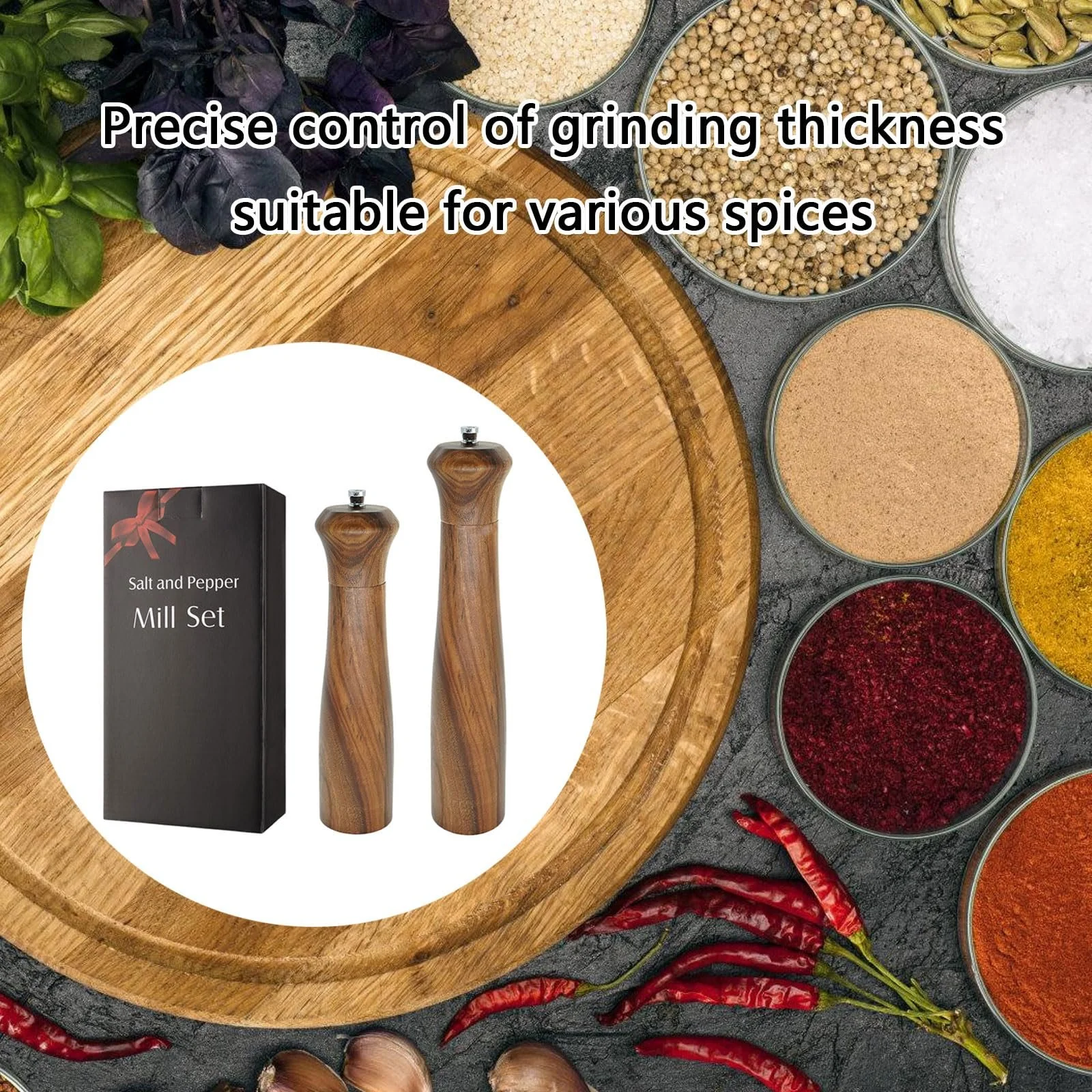 Набір Деревʼяних Млинків для Солі та Спецій з Регульованим Керамічним Механізмом, фото №6