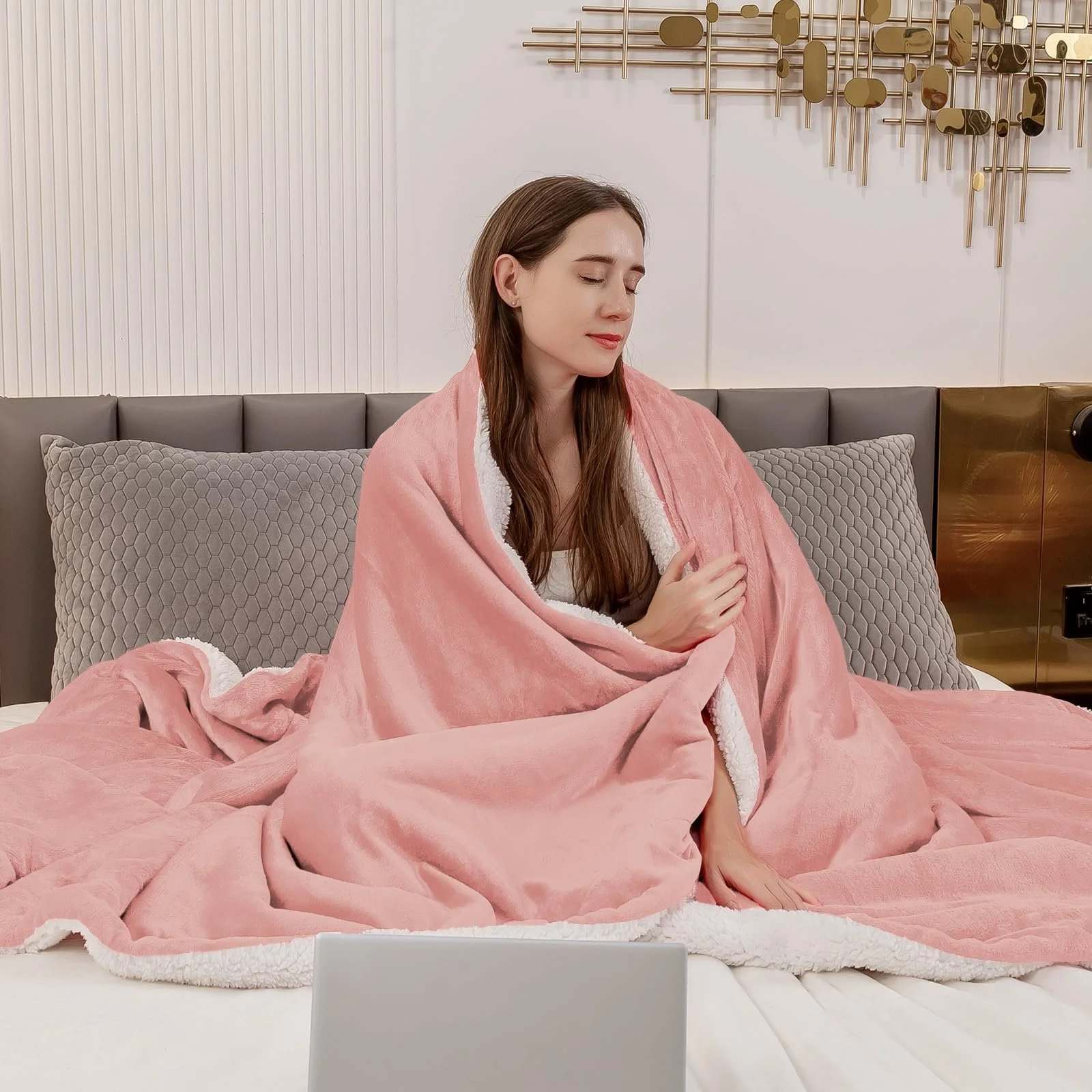 Одеяло Aisbo Толстое Уютное Пушистое, Розовое, 230 x 270 см, Большое Одеяло из Высококачественного Флиса Шерпа, Мягкое Розовое Одеяло, фото №6