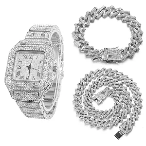 Кварцевые часы Halukakah Square Dial Diamond Gold, мужские, покрытые 18-каратным золотом / платиной, белое золото, браслет 24 см - Фото 1