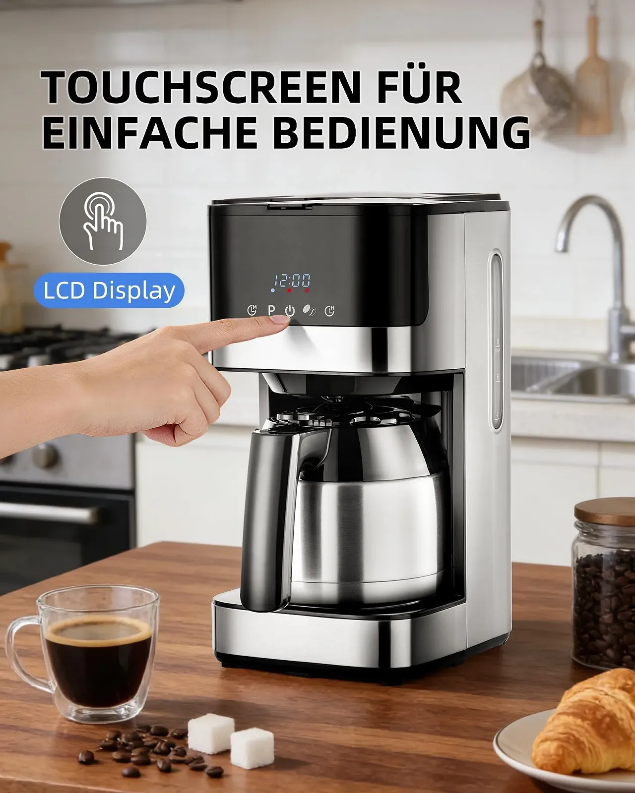 Капельная кофеварка 900 W с таймером 24H LED-дисплеем термальным кувшином на 10 чашек 1 л нержавеющая сталь, фото №4