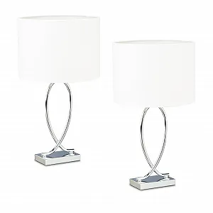 Настільна лампа Relaxdays Набір з 2 шт. Металева основа Тканинний абажур E27 51 x 28 x 18 см Срібляста/Біла - Фото 1