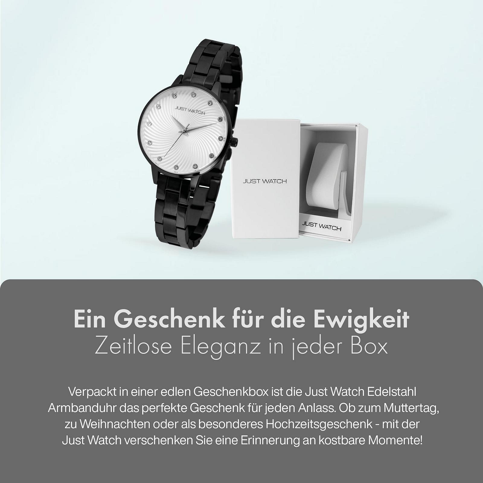 Женские часы Just Watch, нержавеющая сталь, браслет-звенья, 22 см, диаметр 34 мм, 12 мм, черный, серебристый, браслет, фото №6