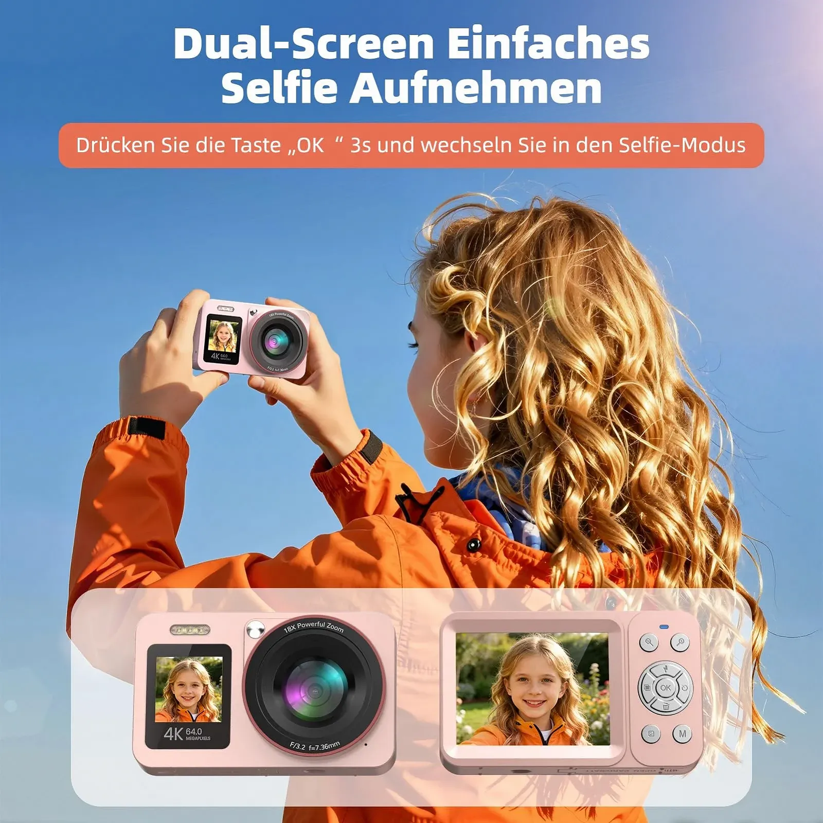 Цифрова фотокамера 4K 64MP Vlogging Compact Camera 18X Zoom для дітей та початківців 2 екрани 2 акумулятори 64GB SD Card Pink, фото №3