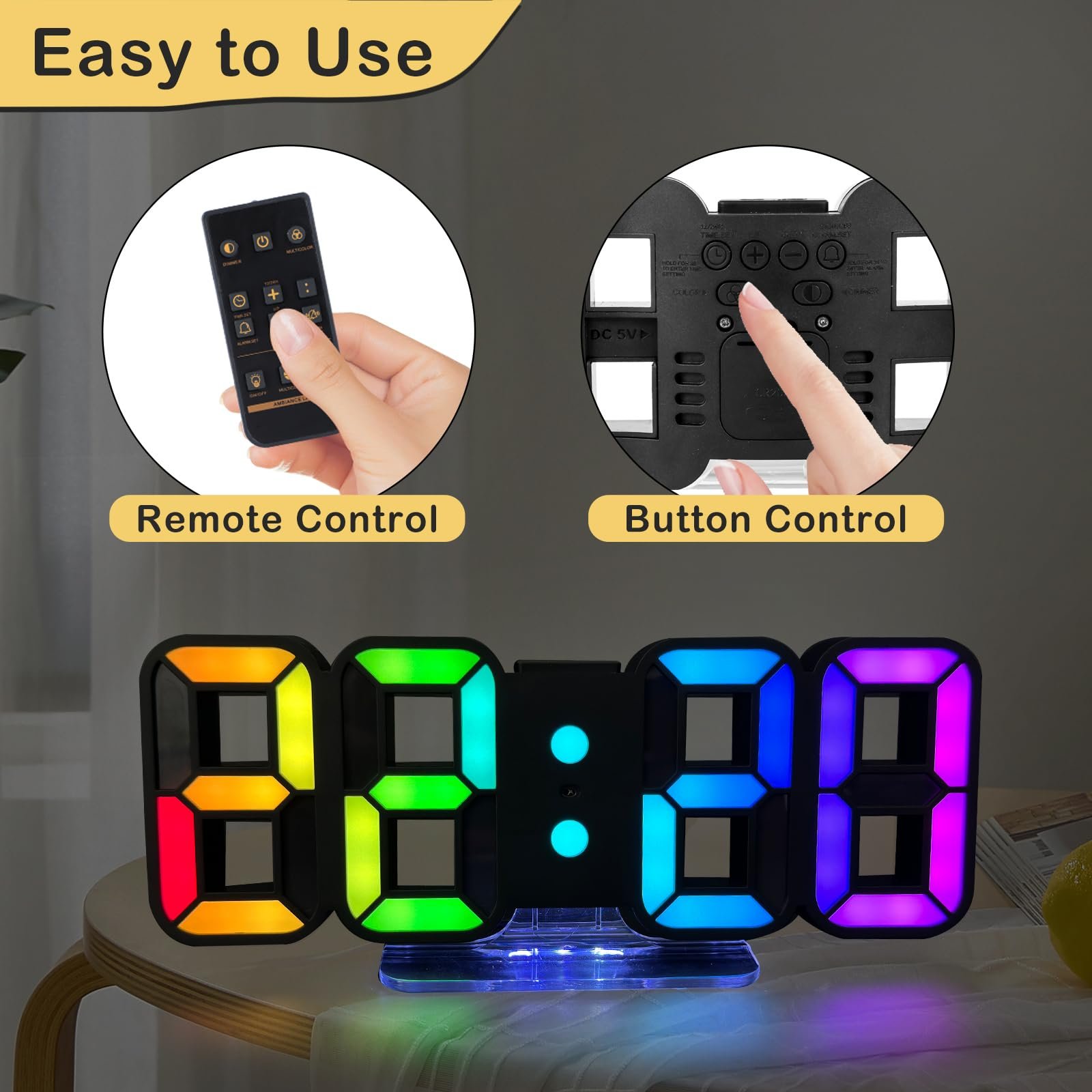 3D LED Цифровий Будильник Seutgjie, Настільний/Настінний Годинник, 14 RGB Зміни Кольорів, фото №8