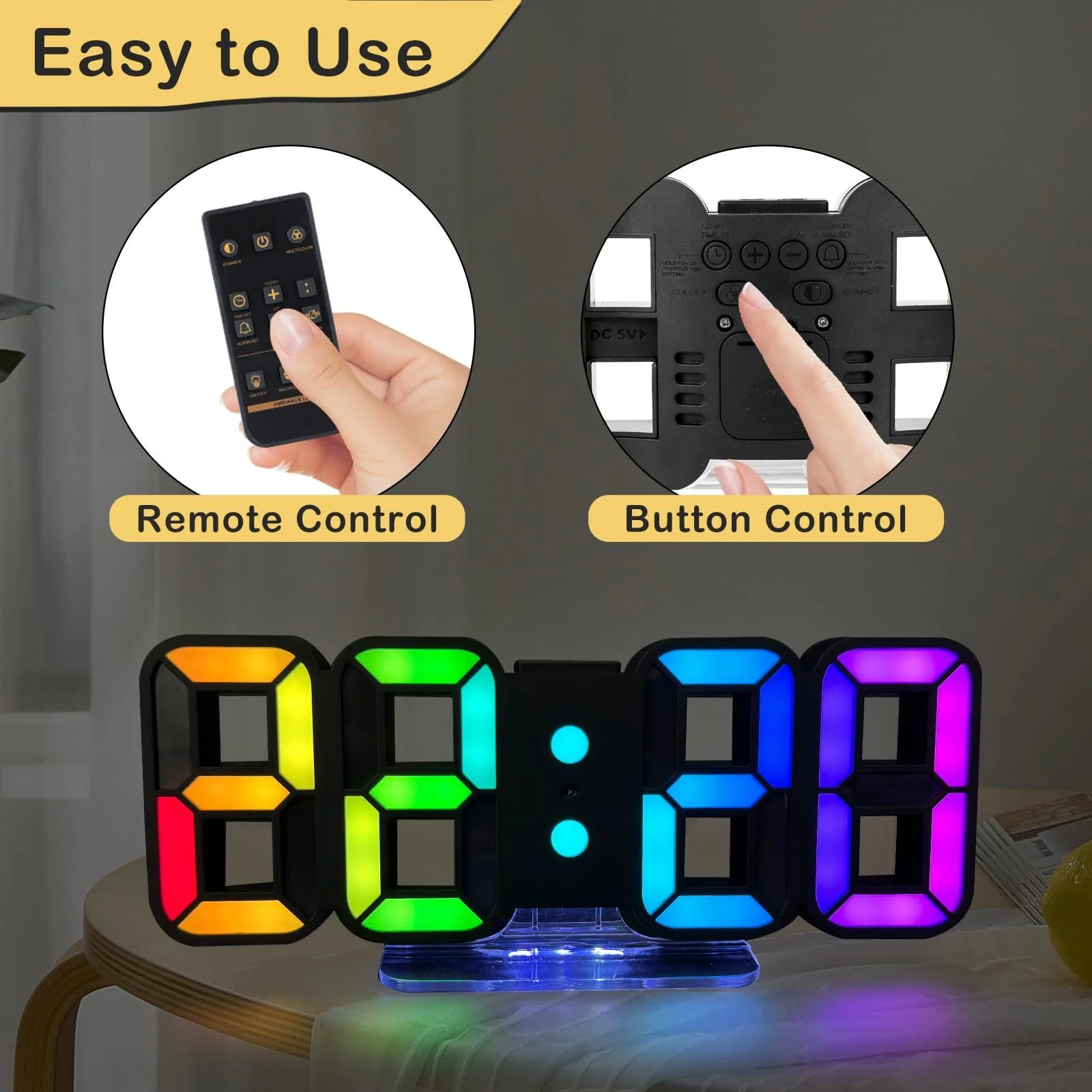 3D LED Цифровой Будильник Seutgjie, Настольные/Настенные Часы, 14 RGB Смены Цветов, 12/24 ч, 3 Уровня Яркости, Ночной Режим Яркости, Режим Дремоты с Дистанционным Управлением, Черный, фото №8
