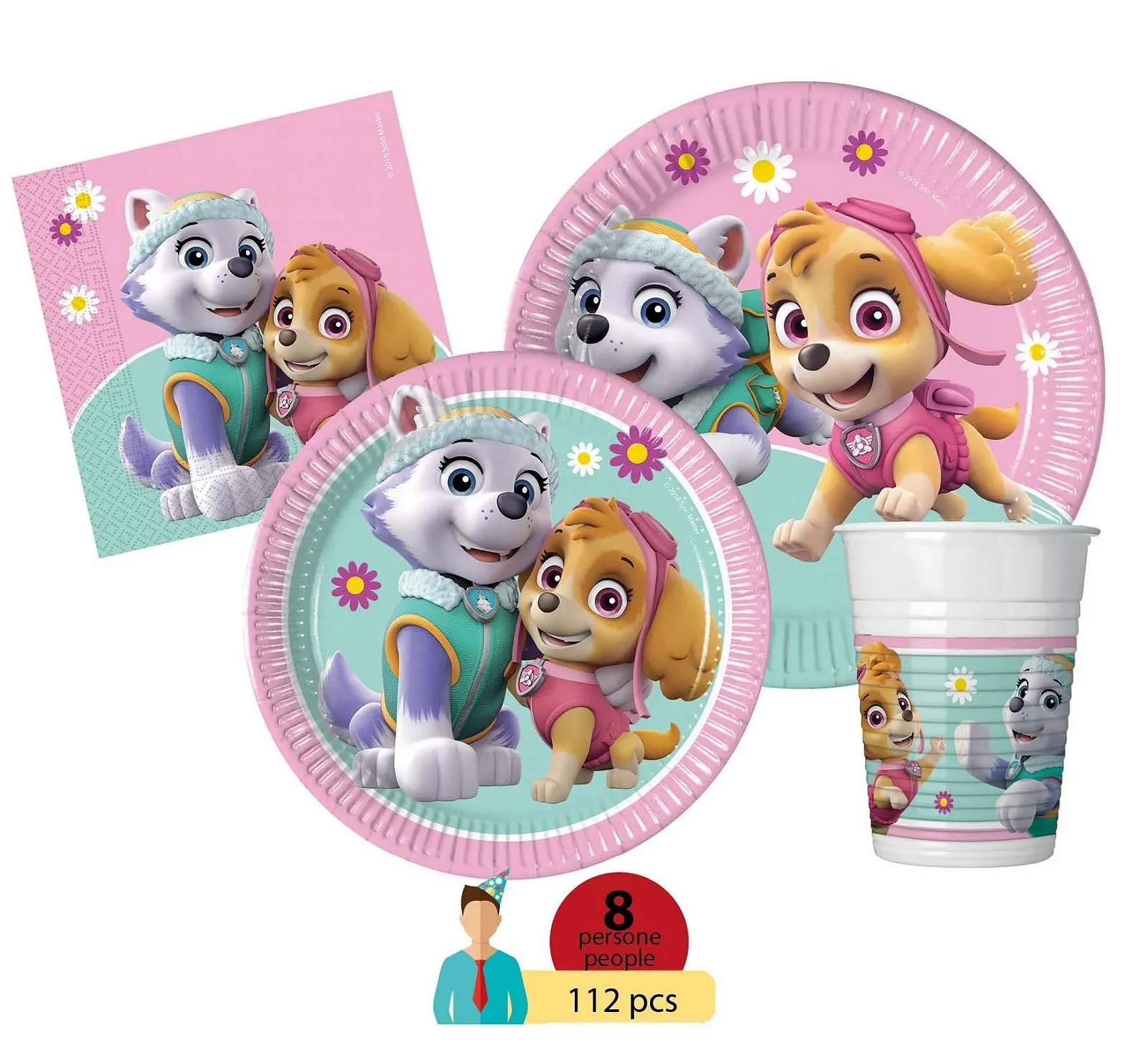 Набір посуду для вечірки Ciao Paw Patrol Skye & Everest для 24 осіб (112 предметів: 24 паперові тарілки діаметром 23 см, 24 паперові тарілки діаметром 20 см, 24 стаканчики 200 мл, 40 серветок 33 x 33 см), фото №2