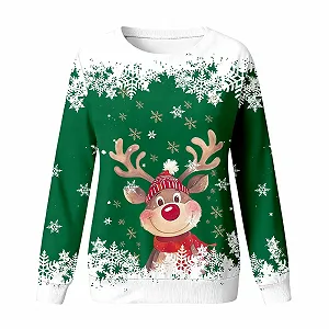 Джемпер для девочек, детский, рождественский, повседневный, с круглым вырезом, с мультяшной головой оленя, с длинными рукавами (2 года, 14 лет) synthetic.ua - Фото 1