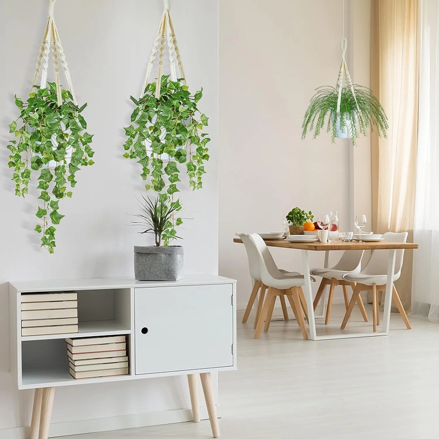 Подвесные корзины макраме AceList набор из 3 штук джутовый хлопок без кисточек Boho Cream, фото №7