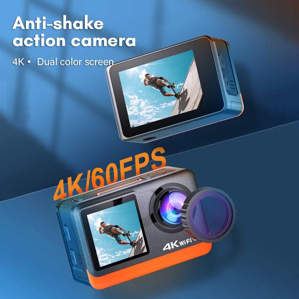 Action Cam Andoer 4K 24MP Водонепроникна Екшн-камера з 2.0 Inch Touch Control Screen Dual Screen 170° Широкий Кут З підтримкою прямих трансляцій з UV Filter Waterproof Housing Adapters, фото №2
