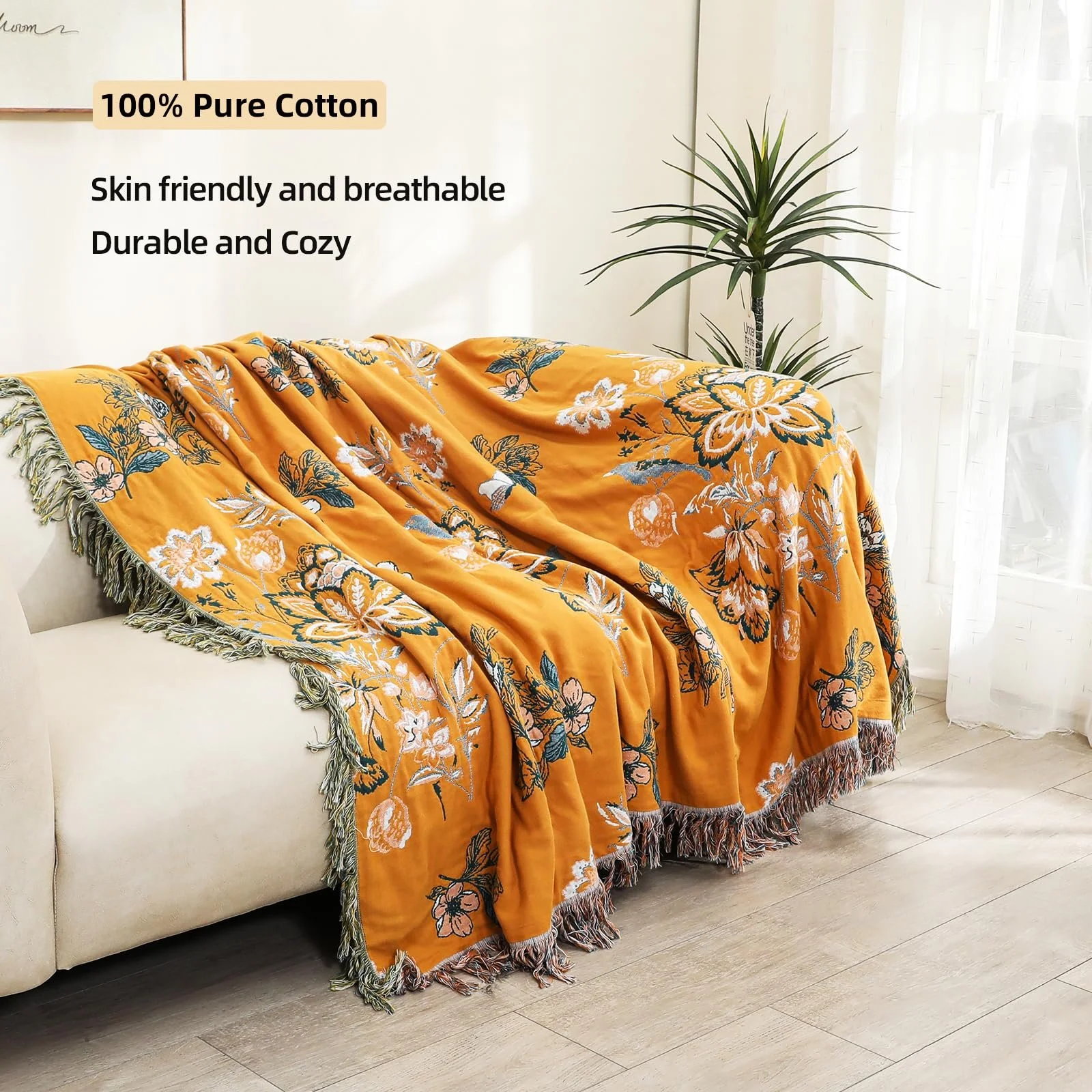 Покривало VANJOROY Богемний стиль Великий 100% органічна бавовна М'який Двосторонній 200x230см Жовтий, фото №2