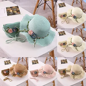 Набор из соломенной шляпы и маленькой сумки для девочек с цветочным декором для летнего отдыха synthetic.ua - Фото 1