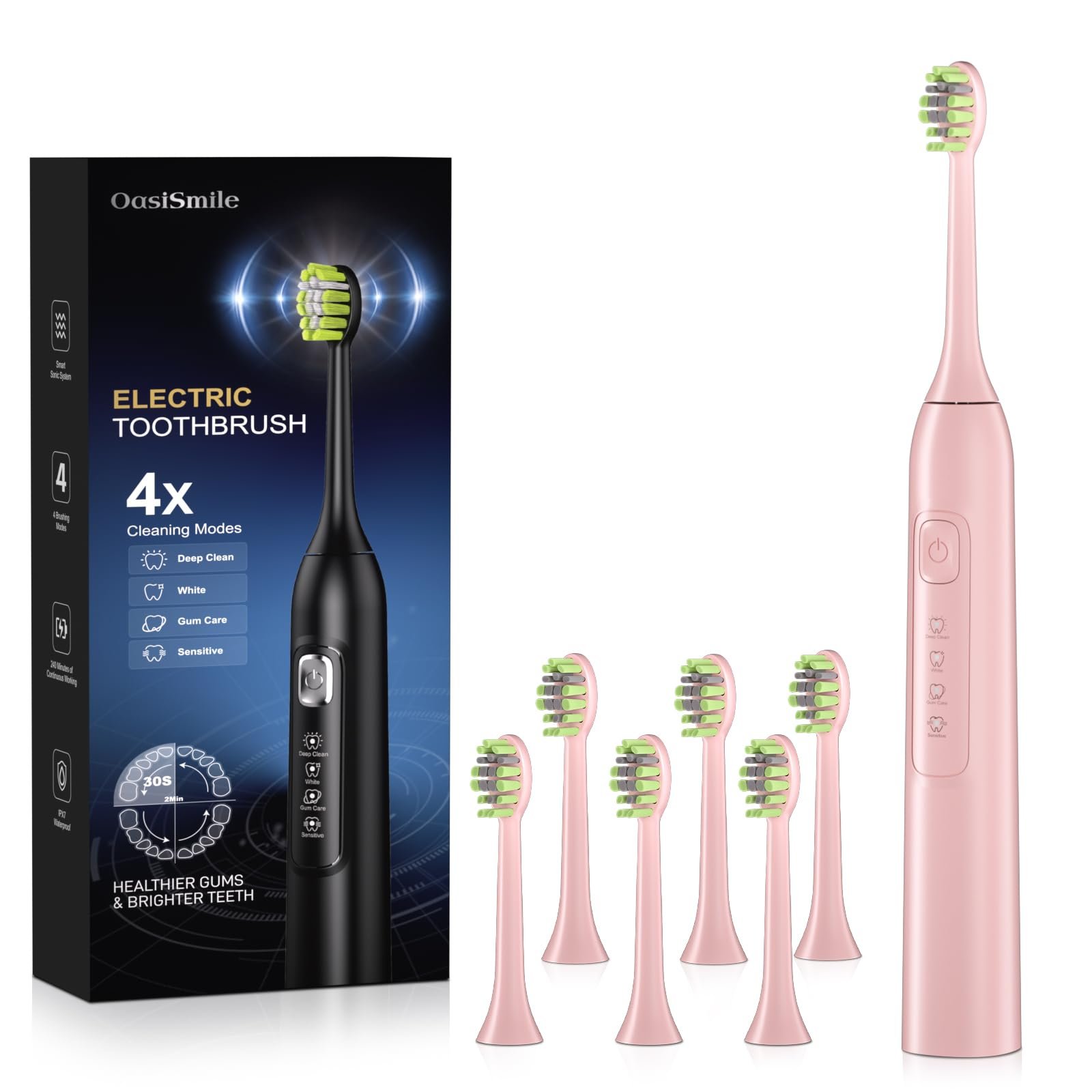 Електрична звукова зубна щітка OasiSmile Dupont 42000 VPM 4 режими 120 днів автономної роботи IPX7 Рожева, фото №1