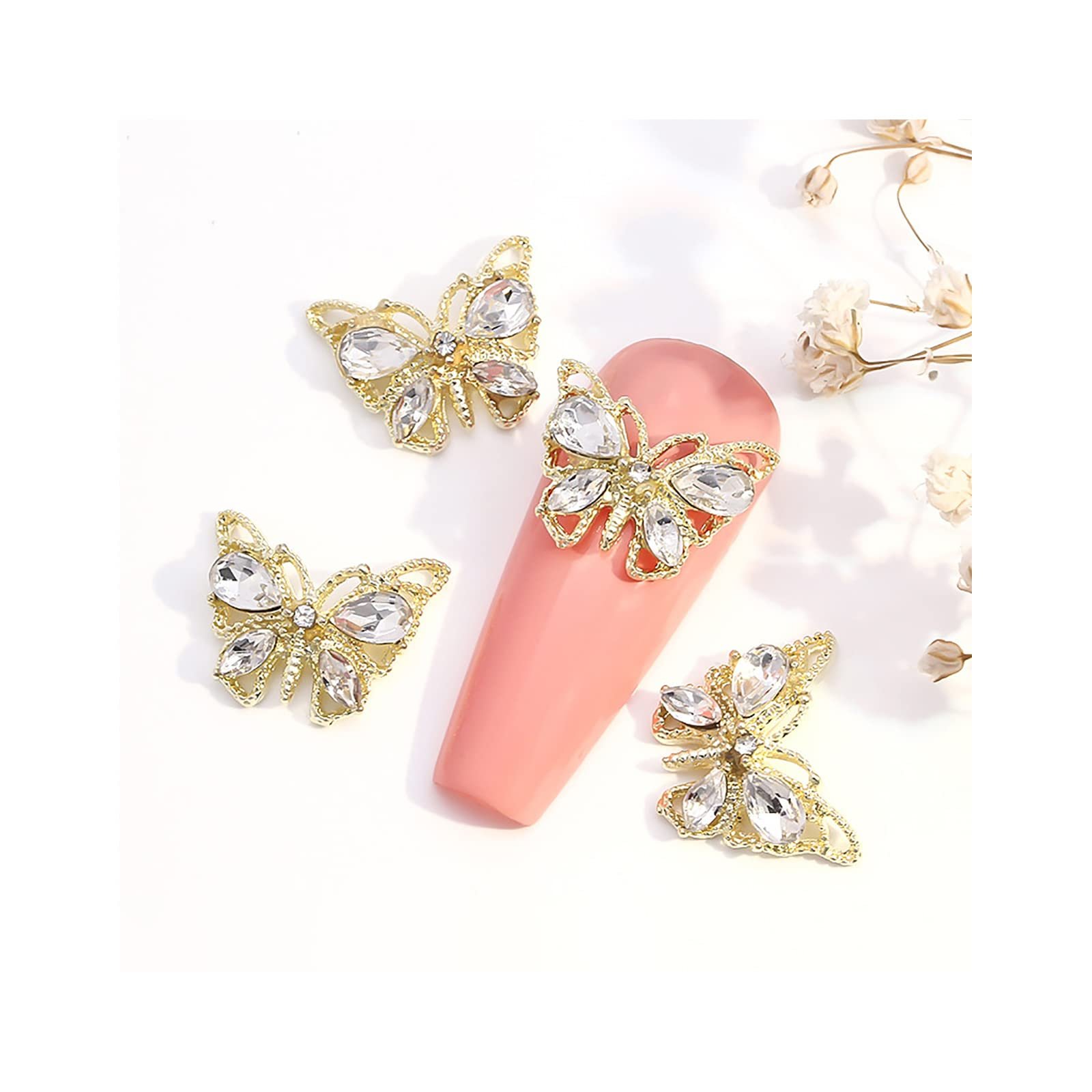 Прикраса для нігтів Метелик Сплав 3D Діаманти Блискучі Стрази 11x14 мм Золотий (10 шт), фото №1