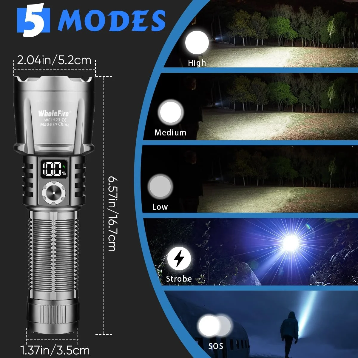Ліхтар WholeFire LED Перезаряджуваний Надзвичайно Яскравий 150 000 Люмен Водонепроникний на Акумуляторі для Кемпінгу, Пішого Туризму, Риболовлі, Активного Відпочинку, Надзвичайних Ситуацій, фото №3