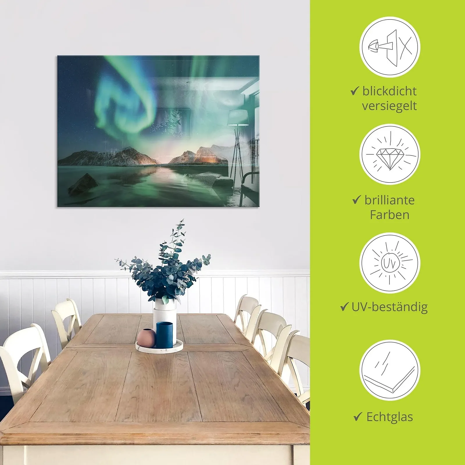 Картина на склі ARTland T9SZ Пейзаж Полярне сяйво та гори, фото №2