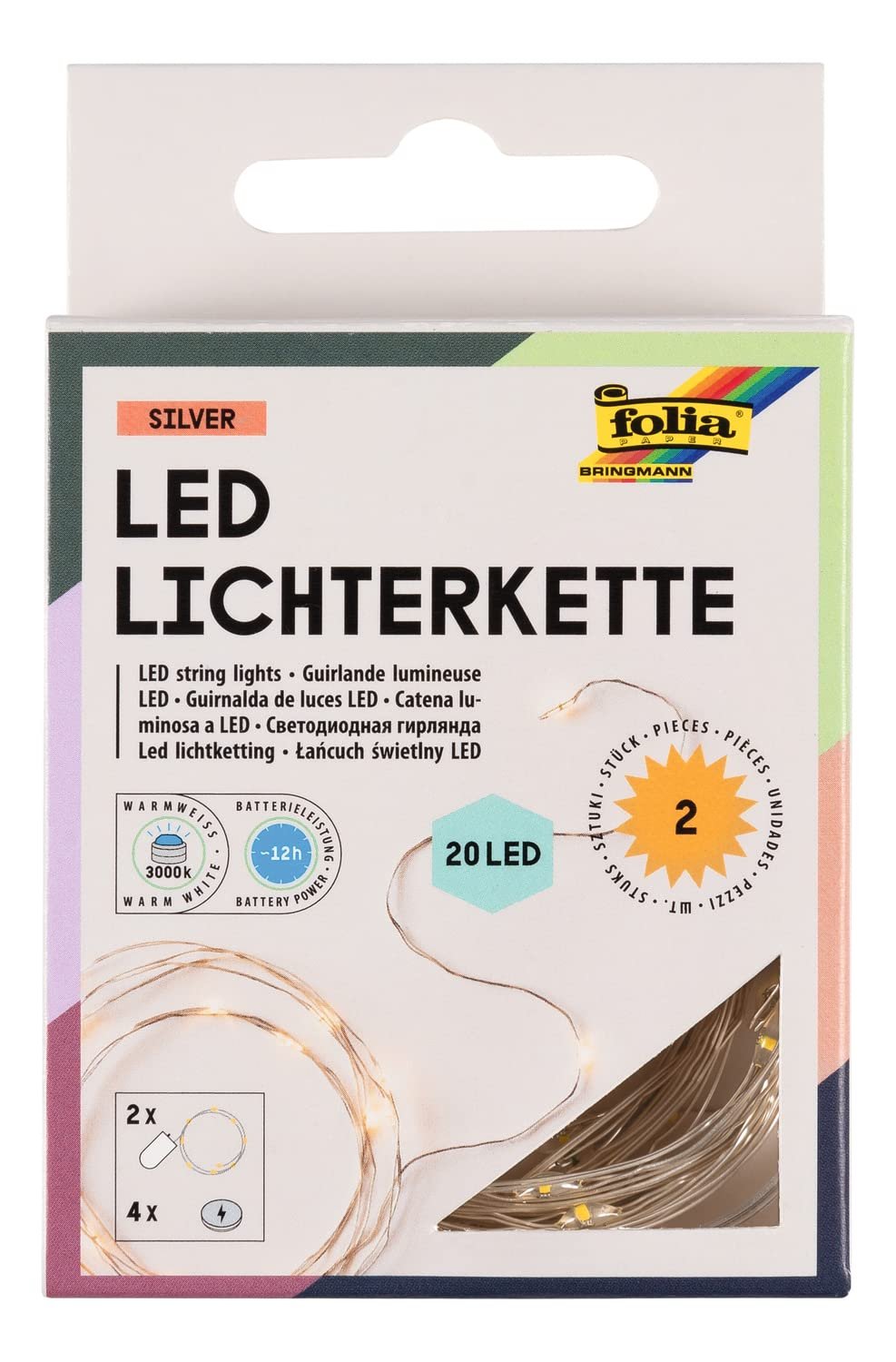 Светодиодная гирлянда folia 986, 2x Micro LED, 20 светодиодов, теплый белый, 2,20 м, серебряная проволока, с батарейками, фото №1