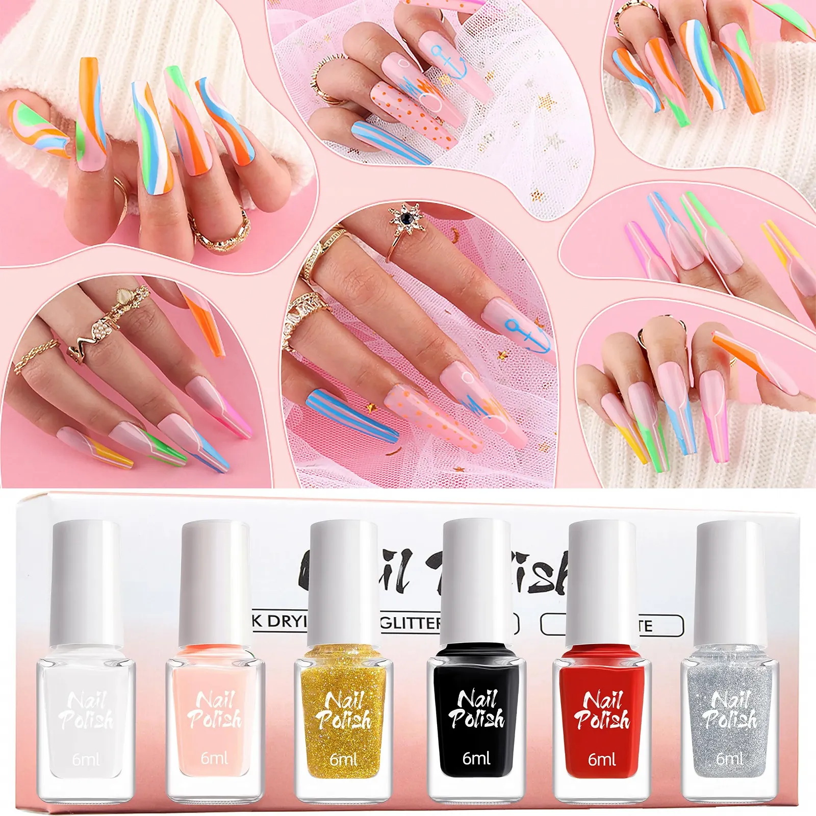 Гель-лак для ногтей Liner (6 цветов) Черный, белый, телесный, мелкий глиттер для дизайна ногтей, 6 мл (разноцветный B), фото №8