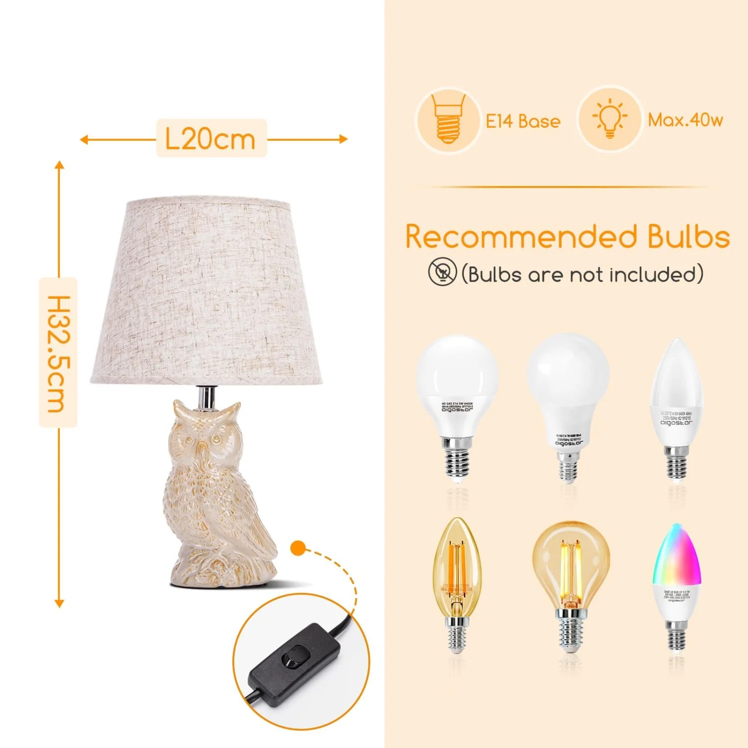 Настільна лампа Aigostar Ceramic Owl E14 40 Вт 325 мм, фото №3