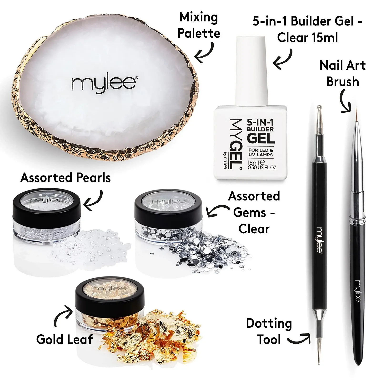 Набор для дизайна ногтей Mylee Be Jewelled кисть дотс палитра гель и декор 5 в 1, фото №2