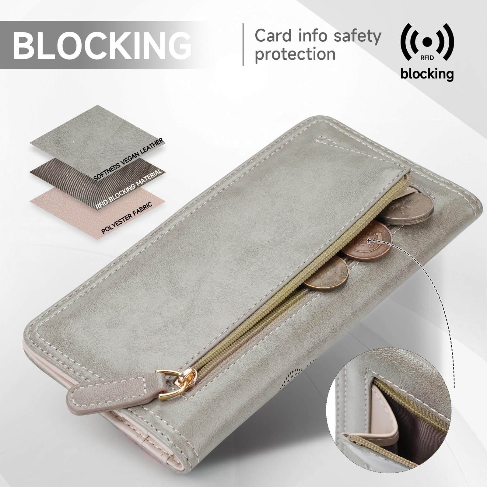 Кошелек VIMUTI Тонкий Женский Кожаный RFID Блокировка Длинный Кошелек Клатч Маленький Карман на Молнии для Монет для Девочек 11 Отделений для Карт, A7-серый, Повседневный, фото №2