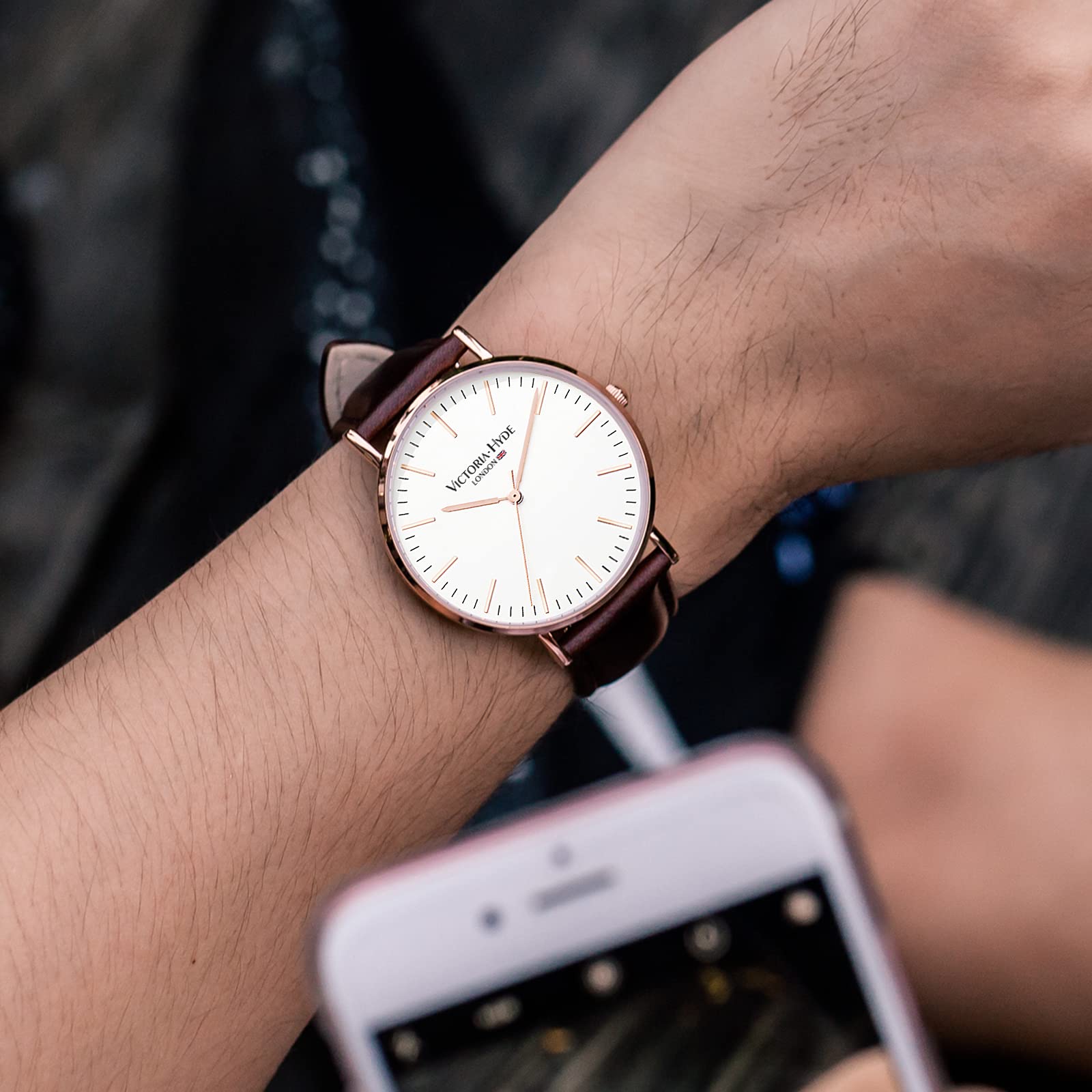 Чоловічий годинник VICTORIA HYDE Аналоговий Кварцовий Мінімалістичний Шкіряний ремінець Срібний Чорний, фото №4