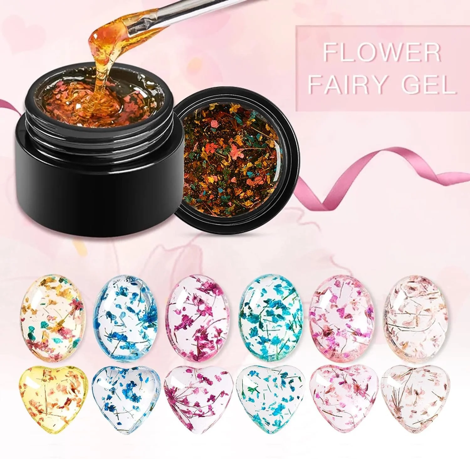 Гель-лак Bellecrey Цветочная Фея с сухоцветами Розовое Золото Розовый Зеленый Синий Фиолетовый, набор 6 цветов, фото №6