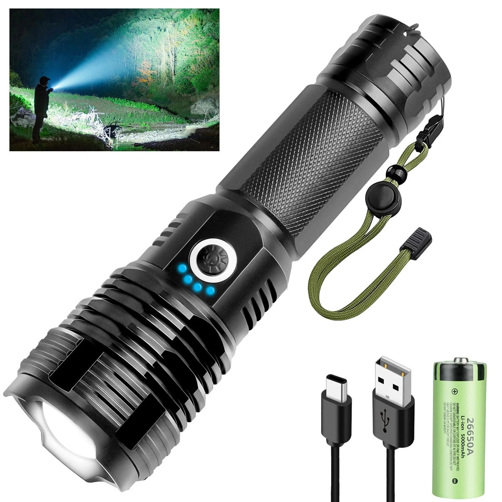 LED Ліхтар Flintronic Zoomable 5 режимів, тактичний, водонепроникний IP67, (1 x 26650 Акумулятор), фото №1