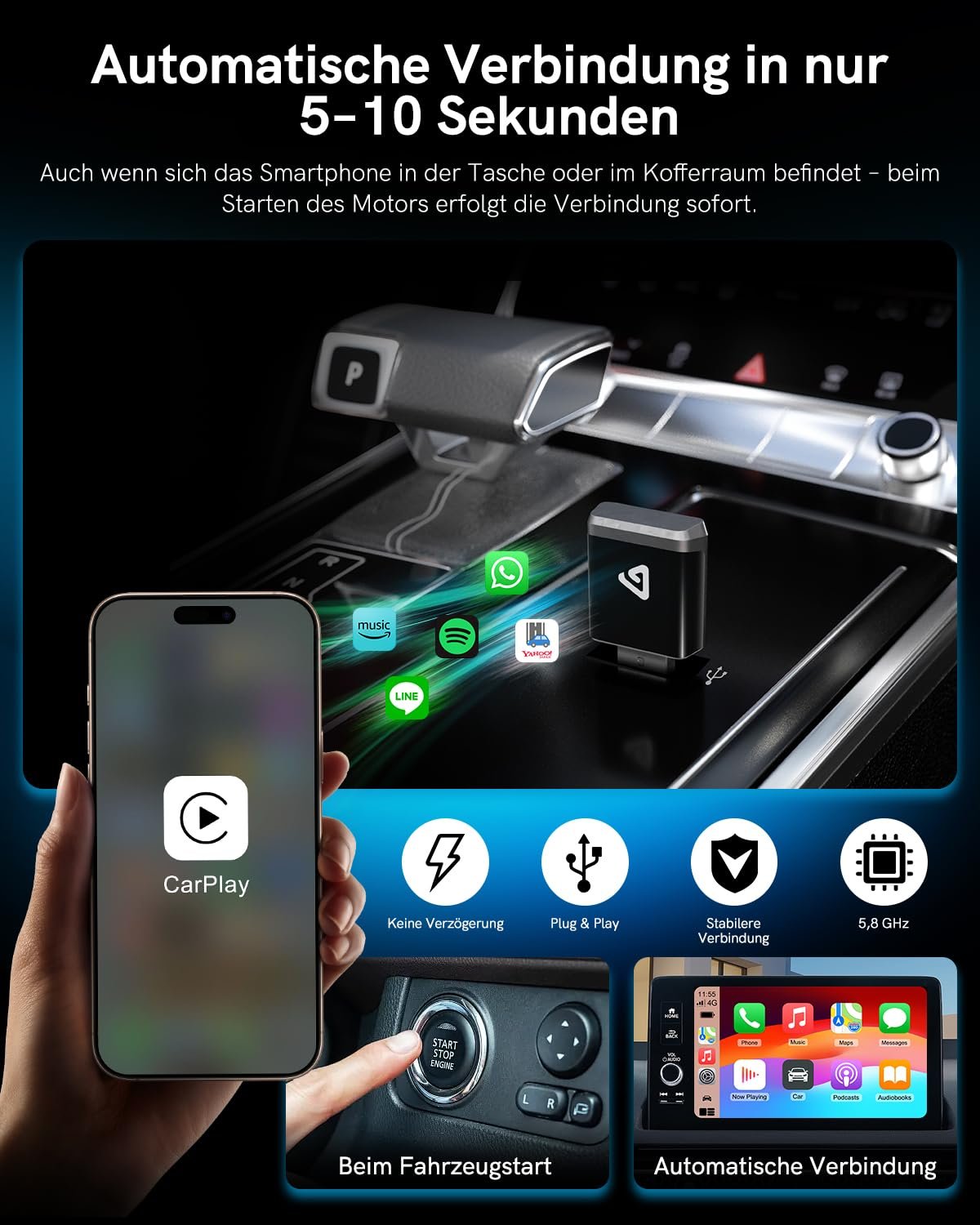 Беспроводной адаптер 2-в-1 для Android Car & CarPlay - Преобразует проводной CarPlay в беспроводной, с адаптером USB-C, 5.8GHz WiFi, мини-дизайн, Plug & Play, совместим с iOS 10+ и Android 11+, фото №3