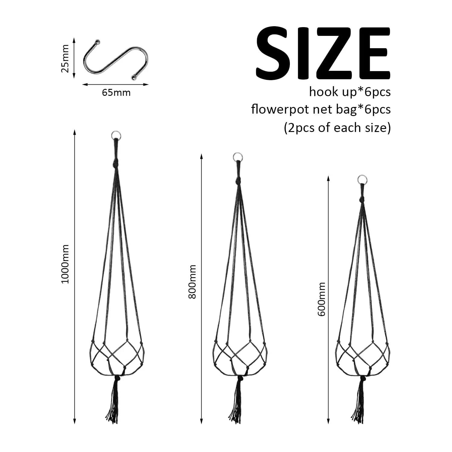 Підвісний кошик Lace Hanging Basket набір із 6 шт. бавовняна мотузка Чорний, фото №2