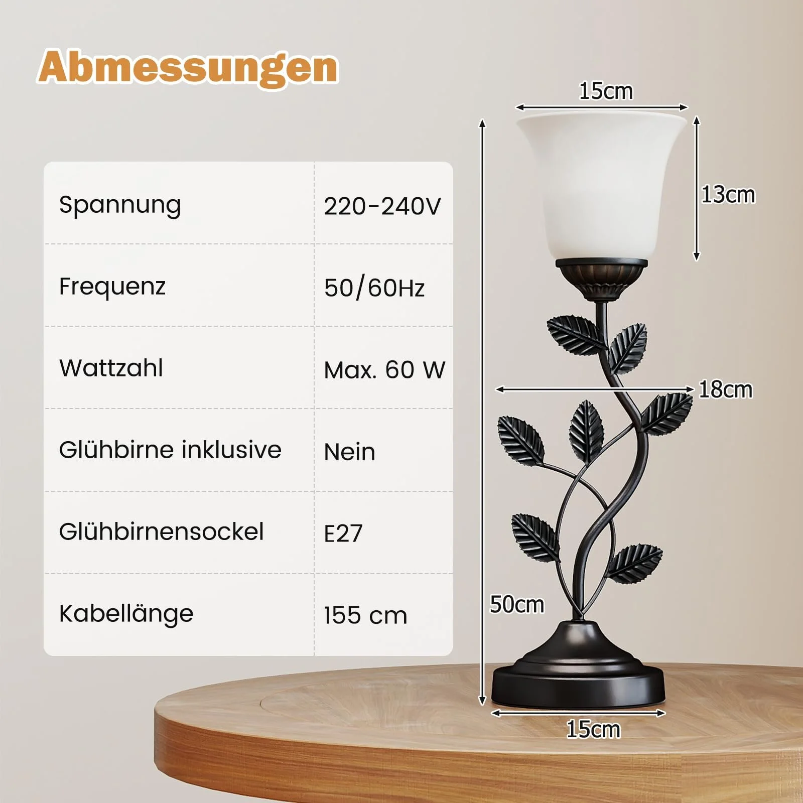 Настільна лампа COSTWAY Flower скляний плафон Тюльпан металеве листя E27, фото №4