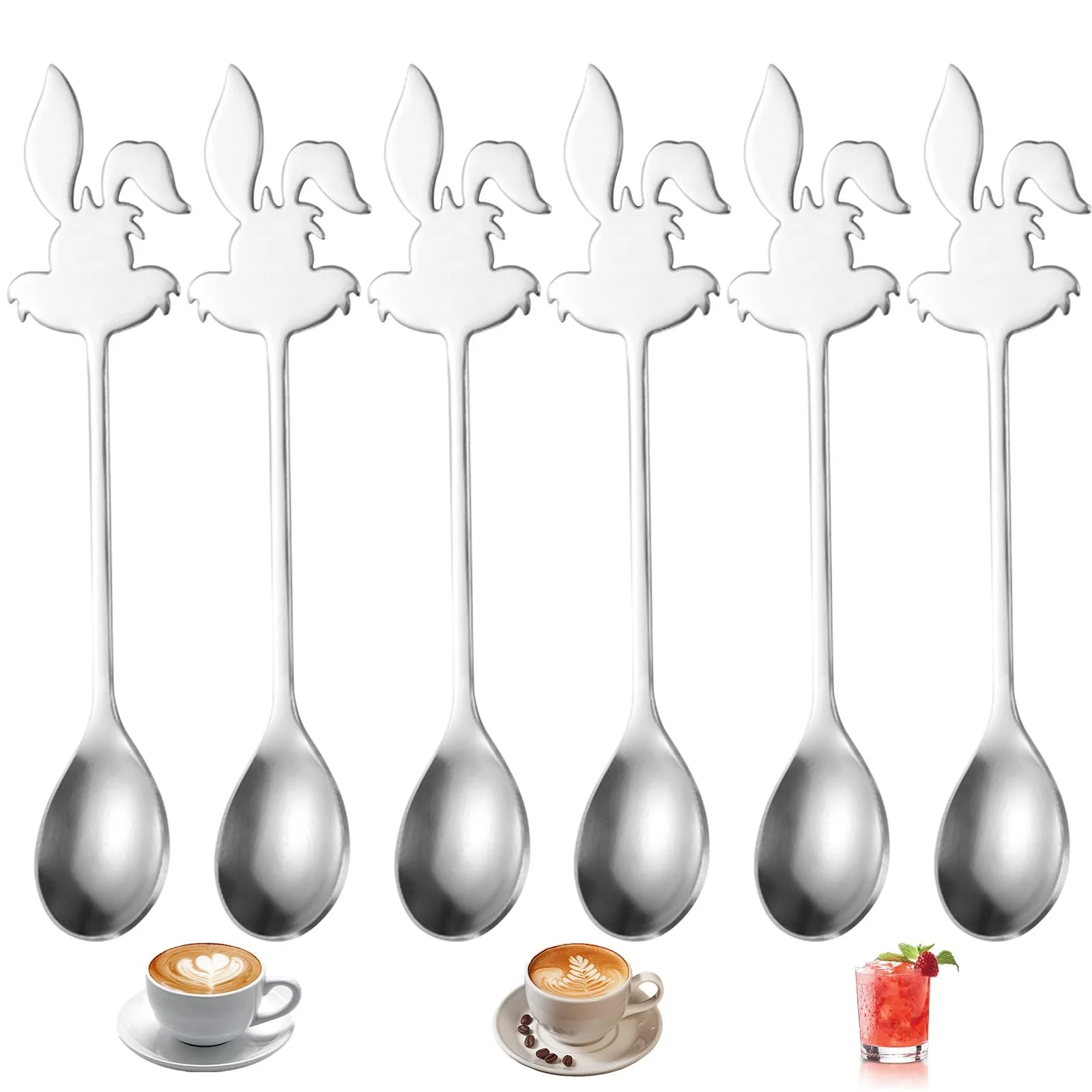 Ложка десертная Мультяшная Милая, Ложка для мороженого, Ложка для эспрессо, Подходит для домашнего использования, Отелей, Свадеб, Вечеринок (Серебряная) (Ложка Кролик), фото №1