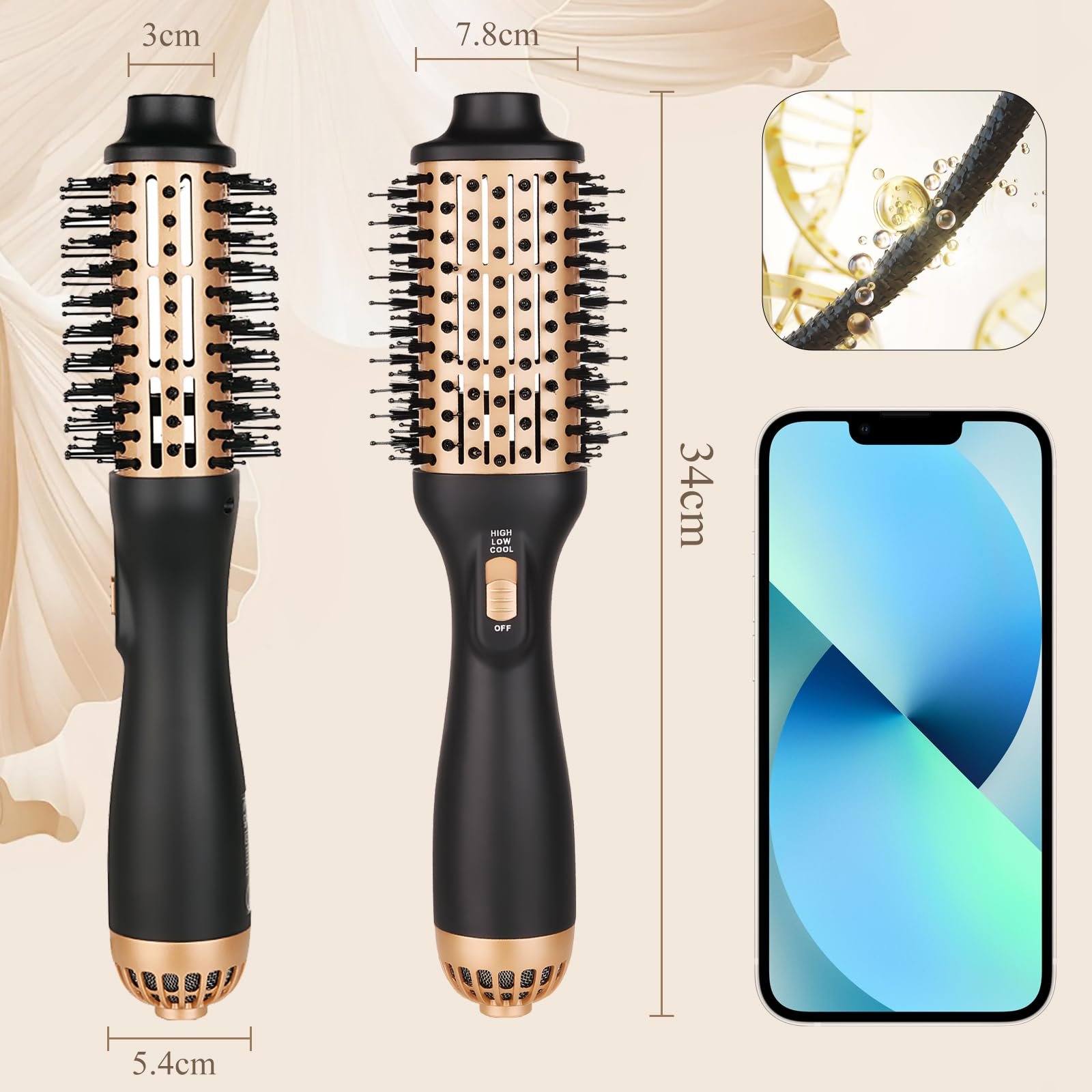 Фен-щітка Bizcasa Professional 4-in-1 1000 W з іонізацією золотиста, фото №2 Фен-щітка Bizcasa Professional 4-in-1 1000 W з іонізацією золотиста, фото №2
