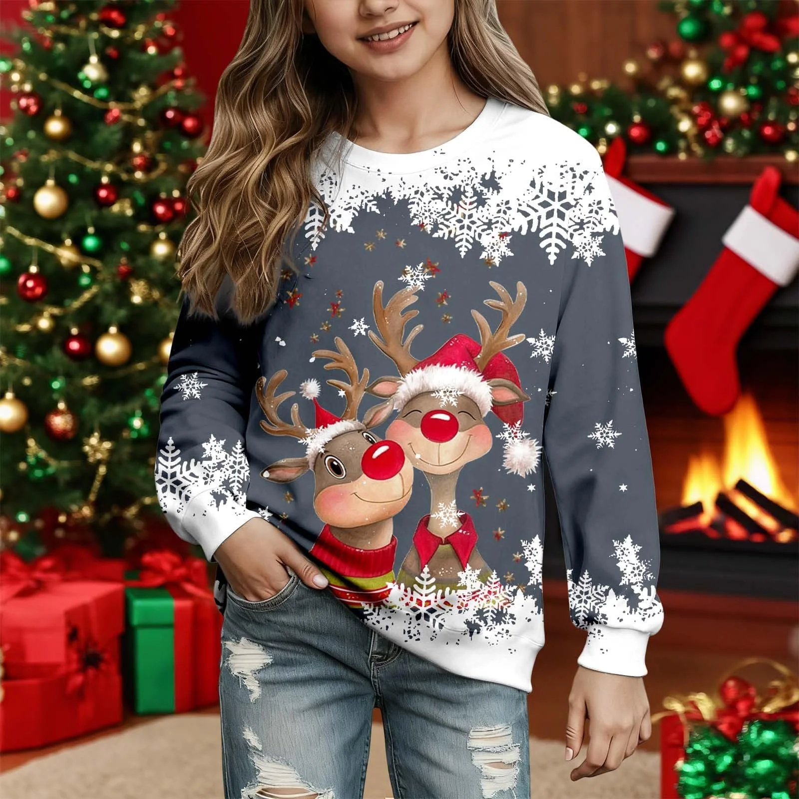 Дівчачий світшот з круглим вирізом, мультяшний олень, довгий рукав, фото №3