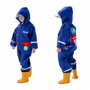 Детский дождевик Domueay Слитный дождевой костюм с капюшоном для мальчиков Водонепроницаемый дышащий дождевой комбинезон Дождевик-пончо складной Синий Вертолет - Фото 1