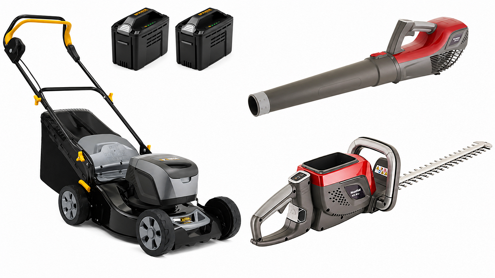 Комплект газонокосарка акумуляторна Alpina AL5 4648 S Li Kit / 48В / 46 см / 60 л + повітродувка акумуляторна Mountfield MBL 50 Li / 650W / 48В / 4Ah / 55 м/с + кущоріз акумуляторний Mountfield MHT 50 Li / 48В / Шина 58 см, фото №1