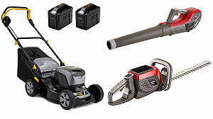 Комплект газонокосарка акумуляторна Alpina AL5 4648 S Li Kit / 48В / 46 см / 60 л + повітродувка акумуляторна Mountfield MBL 50 Li / 650W / 48В / 4Ah / 55 м/с + кущоріз акумуляторний Mountfield MHT 50 Li / 48В / Шина 58 см - Фото 1