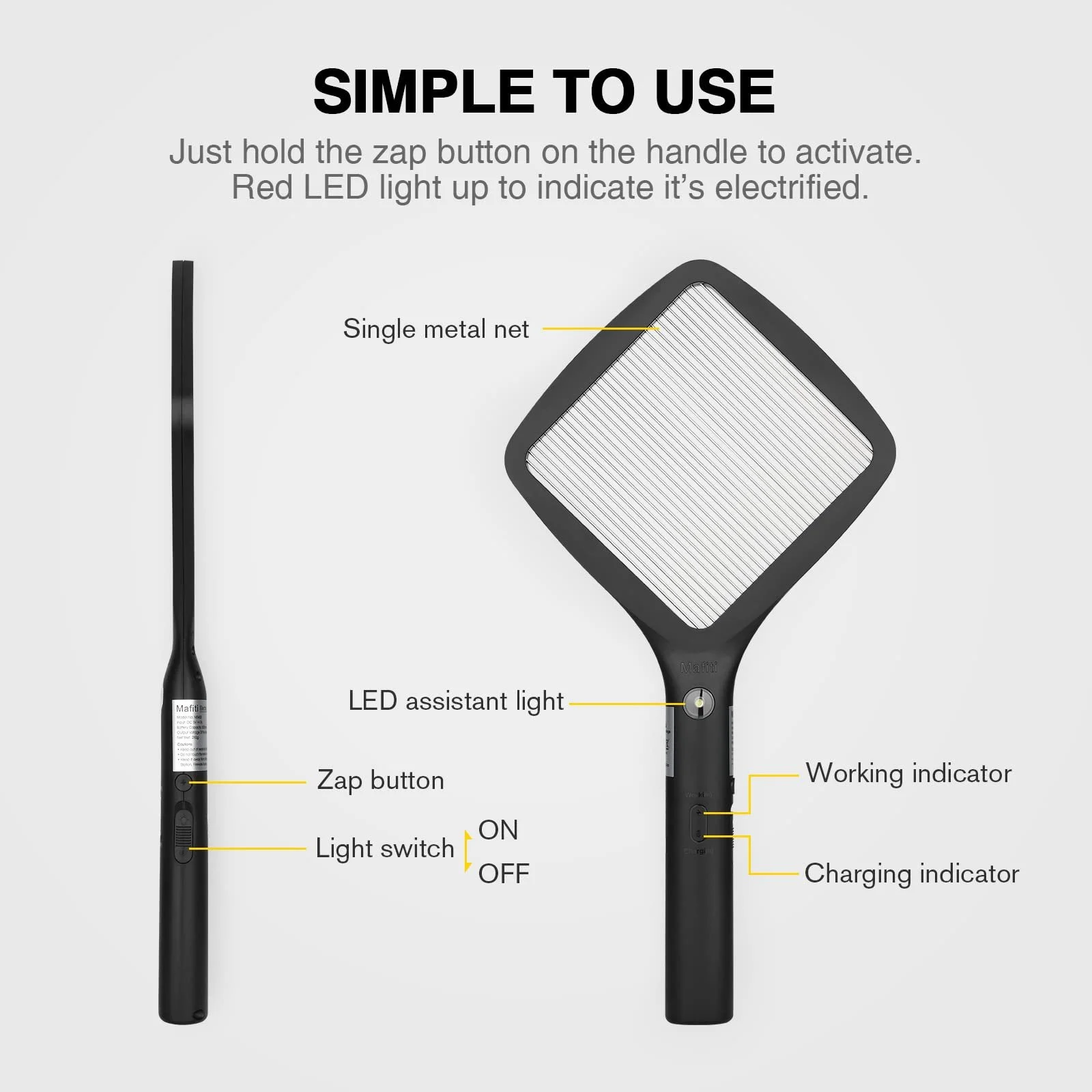 Електрична Мухобійка mafiti 3000 V USB Акумуляторна LED-підсвічування Чорна, фото №7 Електрична Мухобійка mafiti 3000 V USB Акумуляторна LED-підсвічування Чорна, фото №7